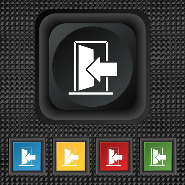 Porta, entrar ou sair sinal de ícone. símbolo Botões coloridos quadrados na textura preta. Vetor —  Vetores de Stock