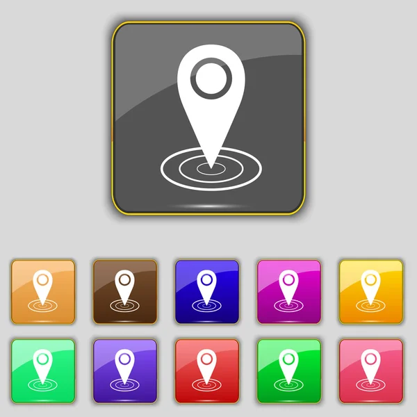 Map pointer icon sign. Set with eleven colored buttons for your site. Vector — Stock Vector