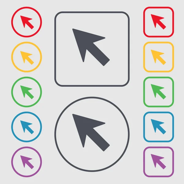Curseur, signe d'icône de flèche. symbole sur les boutons ronds et carrés avec cadre. Vecteur — Image vectorielle