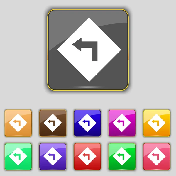 Road sign warning of dangerous left curve icon sign. Set with eleven colored buttons for your site. Vector — 스톡 벡터