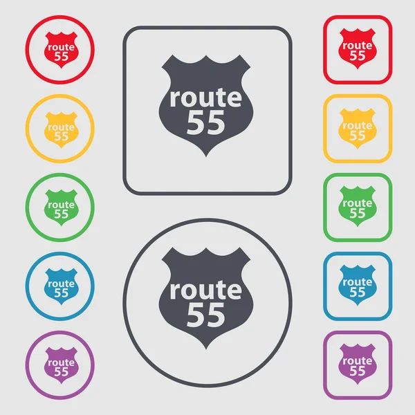 Route 55 highway icon sign. symbol on the Round and square buttons with frame. Vector — Stock vektor