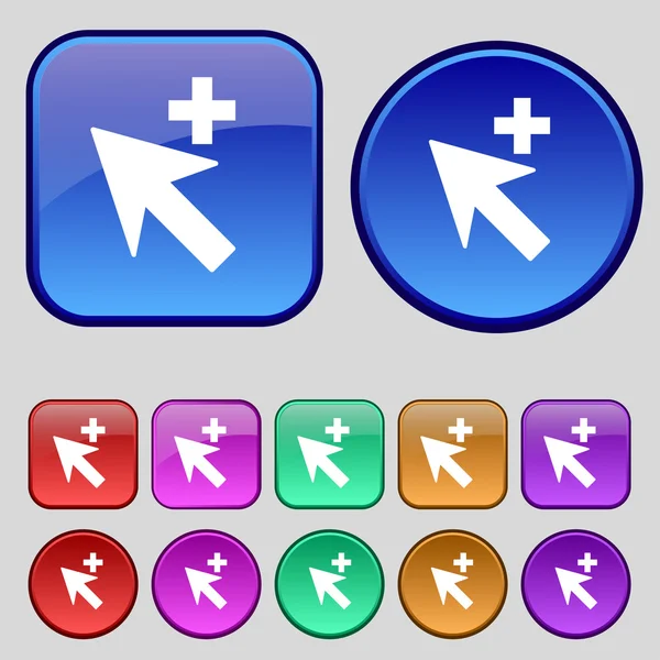 Cursor, flecha más, añadir signo de icono. Un conjunto de doce botones vintage para tu diseño. Vector — Vector de stock