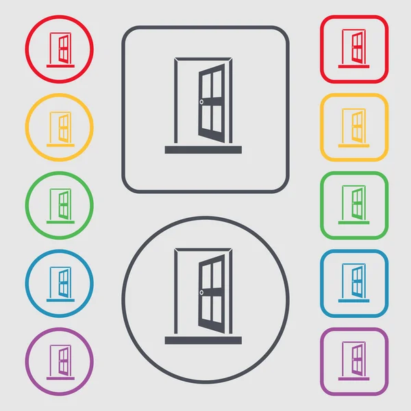 Door, Enter or exit icon sign. symbol on the Round and square buttons with frame. Vector — 图库矢量图片