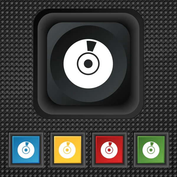 Signo de icono de CD o DVD. símbolo Botones de colores cuadrados en textura negra. Vector — Vector de stock