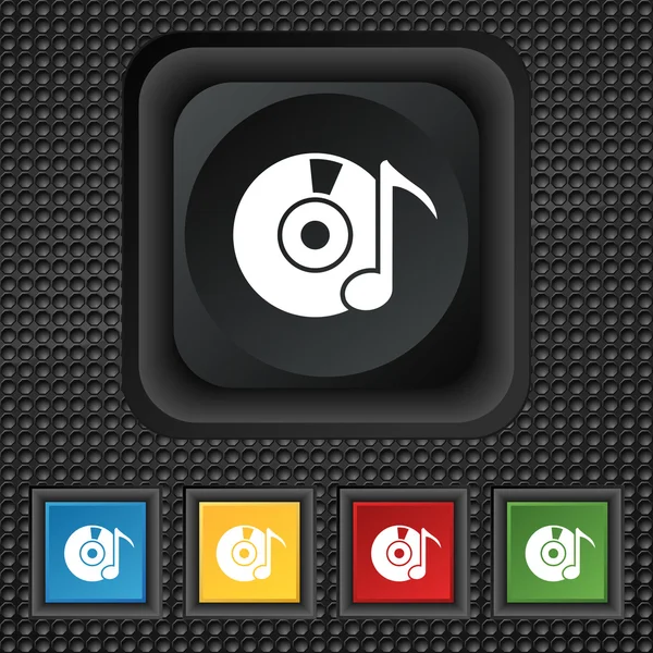 Signo de icono de CD o DVD. símbolo Botones de colores cuadrados en textura negra. Vector — Archivo Imágenes Vectoriales