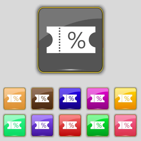 Ticket discount icon sign. Set with eleven colored buttons for your site. Vector — Stock Vector