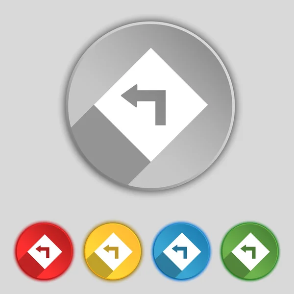 Road sign warning of dangerous left curve icon sign. Symbol on five flat buttons. Vector — Stok Vektör