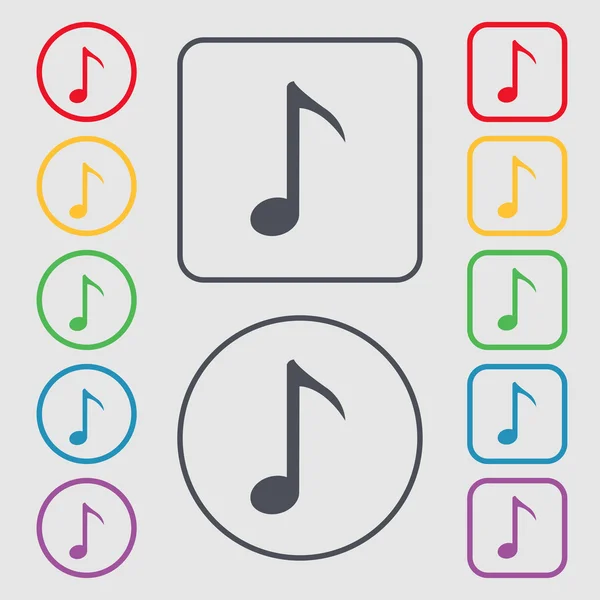 Signo de icono de nota musical. símbolo en los botones Redondo y cuadrado con marco. Vector — Archivo Imágenes Vectoriales