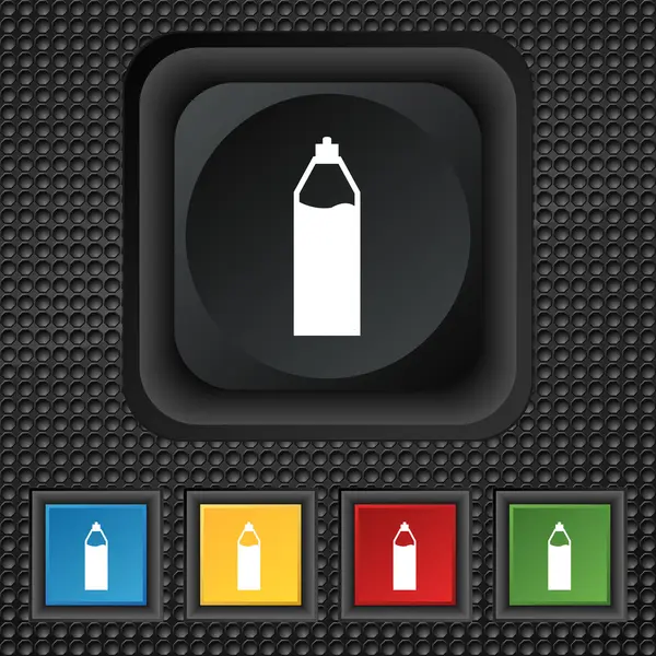 Plastic bottle with drink icon sign. symbol Squared colourful buttons on black texture. Vector — Wektor stockowy