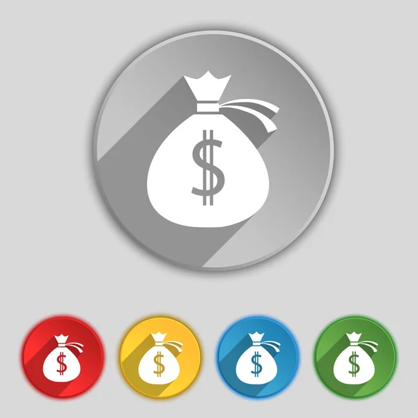 Signo de icono bolsa de dinero. Símbolo en cinco botones planos. Vector — Vector de stock