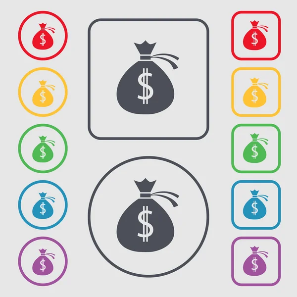 Money bag icon sign. symbol on the Round and square buttons with frame. Vector — Stockvector