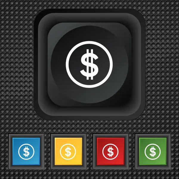Dollar icon sign. symbol Squared colourful buttons on black texture. Vector — Διανυσματικό Αρχείο