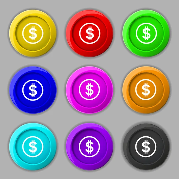 Icône dollar signe. symbole sur neuf boutons ronds colorés. Vecteur — Image vectorielle