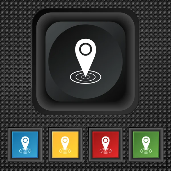 Map pointer icon sign. symbol Squared colourful buttons on black texture. Vector — 图库矢量图片