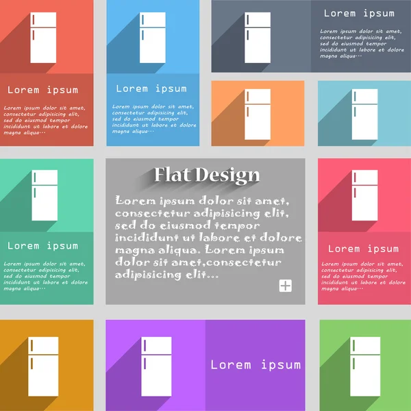 Signo de icono del refrigerador. Juego de botones multicolores. Estilo metro con espacio para texto. El largo vector de la sombra — Archivo Imágenes Vectoriales