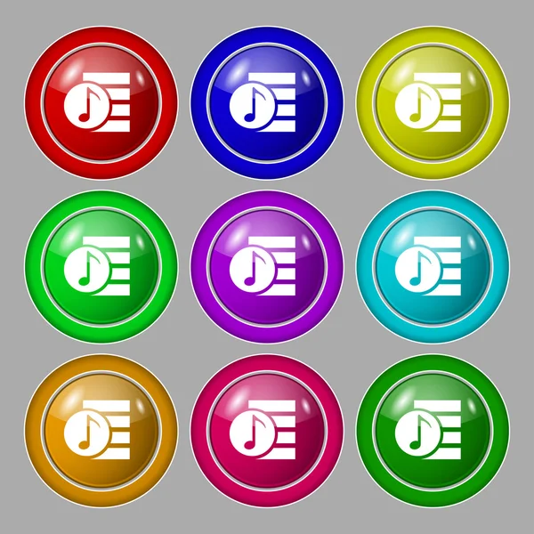 Áudio, sinal de ícone de arquivo MP3. símbolo em nove botões coloridos redondos. Vetor — Vetor de Stock