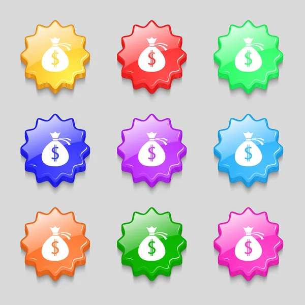 Money bag icon sign. symbol on nine wavy colourful buttons. Vector — Διανυσματικό Αρχείο