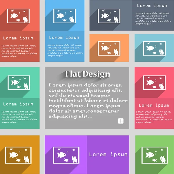 Akvárium, ryby ve vodě ikonu podepsat. Sada různobarevných tlačítek. Metro styl s prostorem pro text. Dlouhý stín vektor — Stockový vektor
