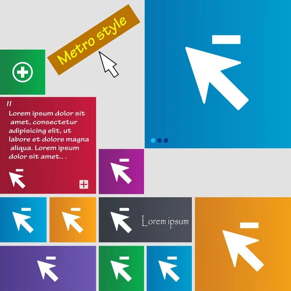 Kursor, panah dikurangi tanda ikon. Tombol gaya Metro. Tombol situs web antarmuka modern dengan penunjuk kursor. Vektor - Stok Vektor