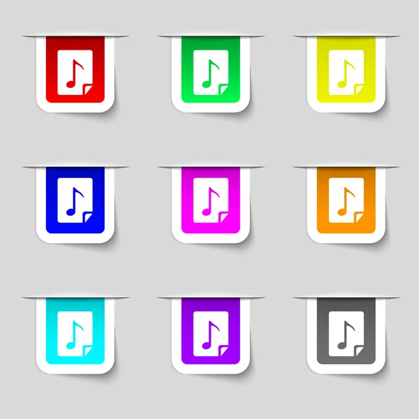 Ljud, Mp3 fileicon tecken. Uppsättning av mångfärgade moderna etiketter för din design. Vektor — Stock vektor