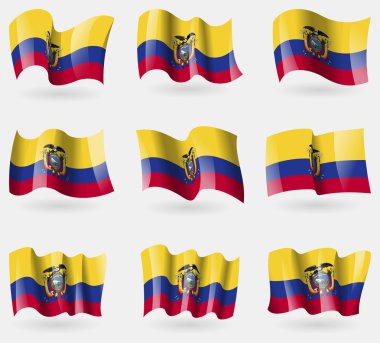 Havadaki Ekvador bayrakları kümesi. Vektör