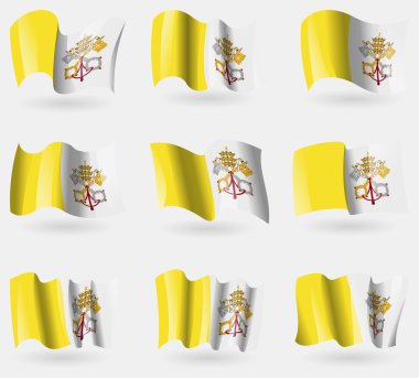 Set of Vatican CityHoly See flags in the air. Vector clipart