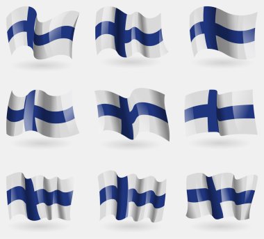 Set of Finland flags in the air. Vector clipart