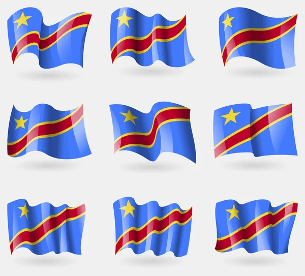 Set of Congo Democratic Republic flags in the air. Vector — Stock Vector