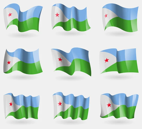Ensemble de drapeaux djiboutiens dans les airs. Vecteur — Image vectorielle