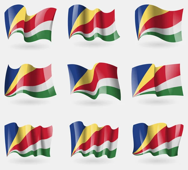 Set de banderas SEYCHELLES en el aire. Vector — Vector de stock
