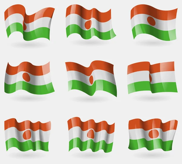 Set of Niger flags in the air. Vector — Stock Vector