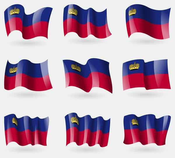 Set di bandiere Liechtenstein in aria. Vettore — Vettoriale Stock