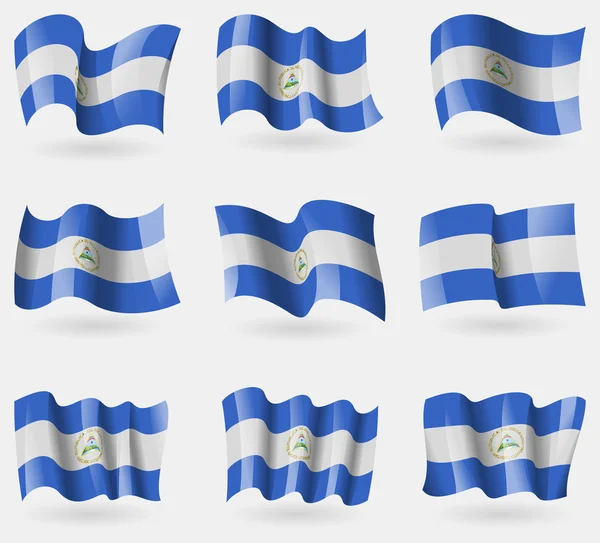 Ensemble de drapeaux du Nicaragua dans les airs. Vecteur — Image vectorielle