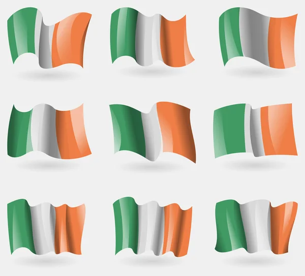 Ensemble de drapeaux irlandais dans les airs. Vecteur — Image vectorielle