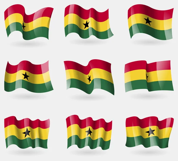 Ensemble de drapeaux du Ghana dans les airs. Vecteur — Image vectorielle