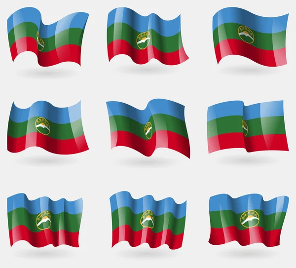 Set di bandiere KarachayCherkessia in aria. Vettore — Vettoriale Stock