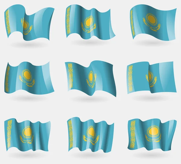 Set de banderas de Kazajstán en el aire. Vector Ilustraciones de stock libres de derechos