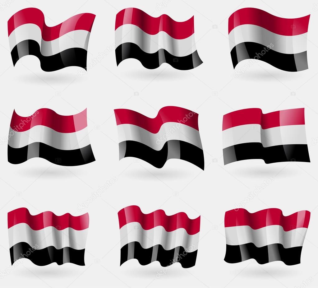 Set of Yemen flags in the air. Vector