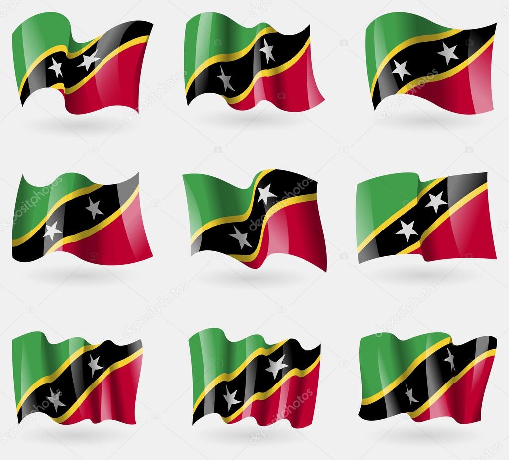 Set of Saint Kitts and Nevis flags in the air. Vector
