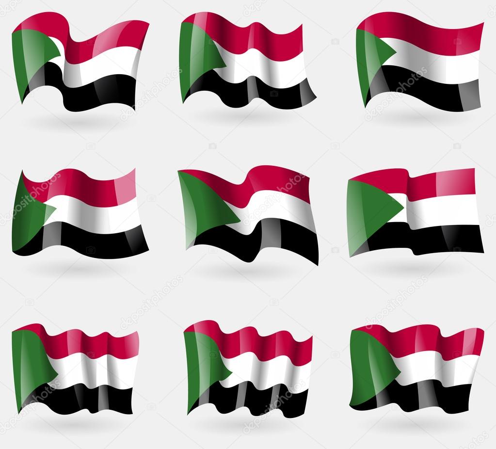 Set of Sudan flags in the air. Vector