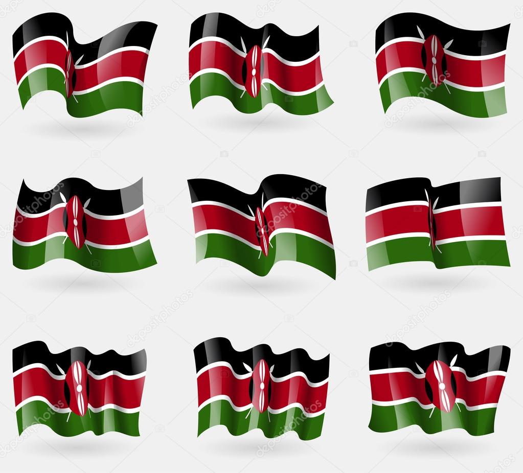 Set of Kenya flags in the air. Vector