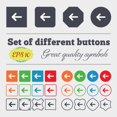 Arrow left, Way out  icon sign Big set of colorful, diverse, high-quality buttons. Vector