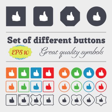 Like, Thumb up  icon sign Big set of colorful, diverse, high-quality buttons. Vector