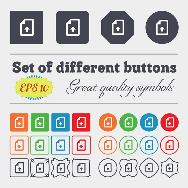Export, Upload file  icon sign Big set of colorful, diverse, high-quality buttons. Vector — Stock Vector