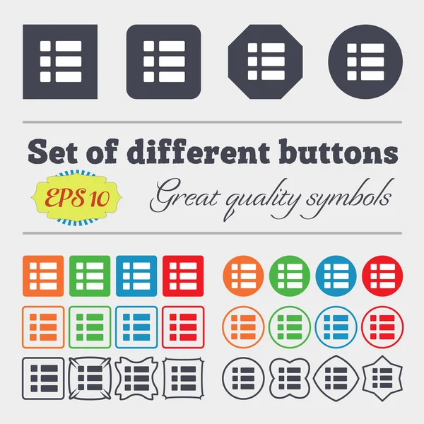 List menu, Content view options  icon sign Big set of colorful, diverse, high-quality buttons. Vector — Wektor stockowy