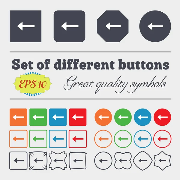 Arrow left, Way out  icon sign Big set of colorful, diverse, high-quality buttons. Vector — Stock Vector