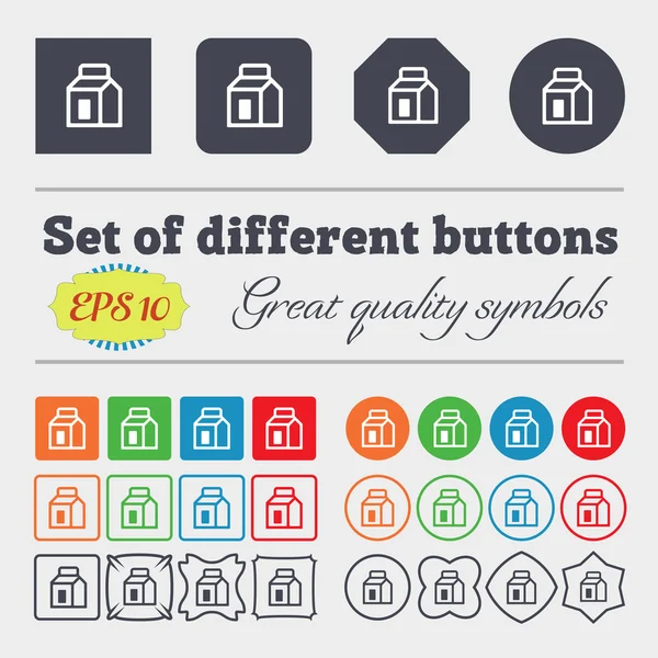 Milk, Juice, Beverages, Carton Package  icon sign Big set of colorful, diverse, high-quality buttons. Vector — Stock Vector