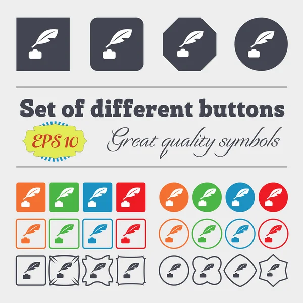 Feather, Retro pen  icon sign Big set of colorful, diverse, high-quality buttons. Vector — Stock Vector