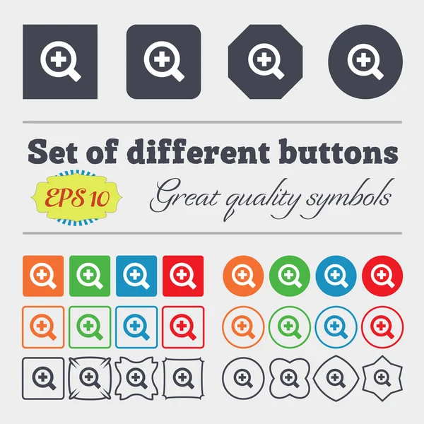 Magnifier glass, Zoom tool  icon sign Big set of colorful, diverse, high-quality buttons. Vector — Stock Vector