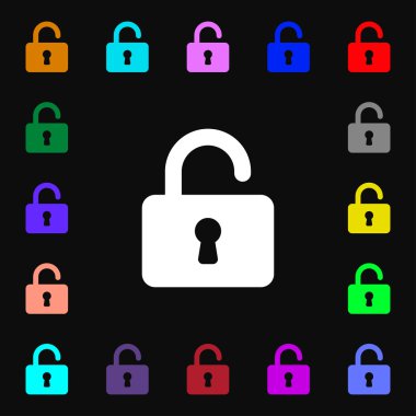 Open Padlock icon sign. Lots of colorful symbols for your design. Vector